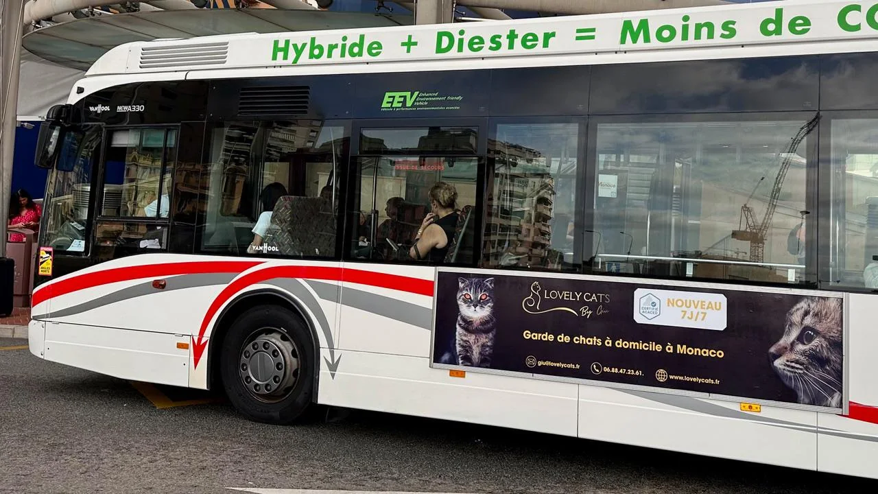 Publicité LovelyCats sur un autobus de Monaco · Service 7j/7 toute l'année